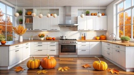 Vibrant orange pumpkins and fall leaves adorn a sleek white modern kitchen, filled with natural light, stainless steel appliances, and crisp autumn ambiance.