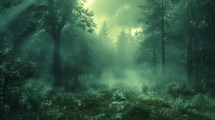 Obraz premium Lush Green Forest Surrounded by Mist During Early Morning Light in Tranquil Wilderness. Generative AI