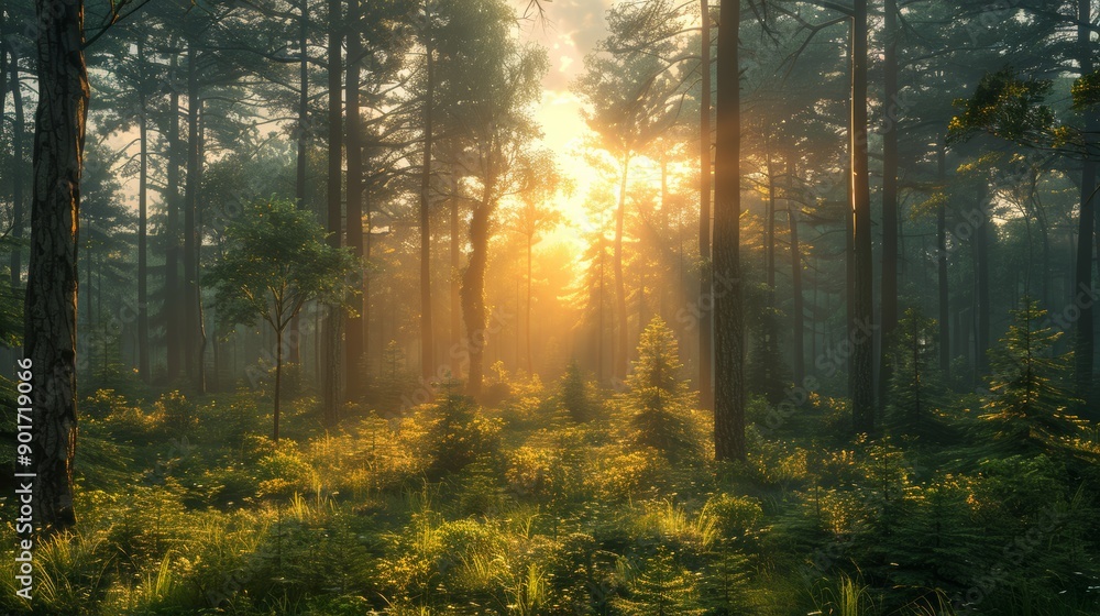 Poster sunlight filtering through tall trees illuminating green forest underbrush at dawn. generative ai