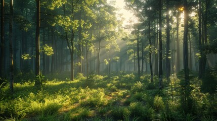 Obraz premium Sunlight Filtering Through Trees in a Lush Green Forest During Early Morning Hours. Generative AI