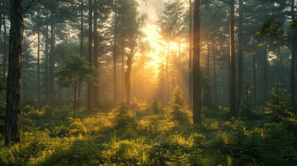 Obraz premium Sunlight Filtering Through Tall Trees Illuminating Green Forest Underbrush at Dawn. Generative AI