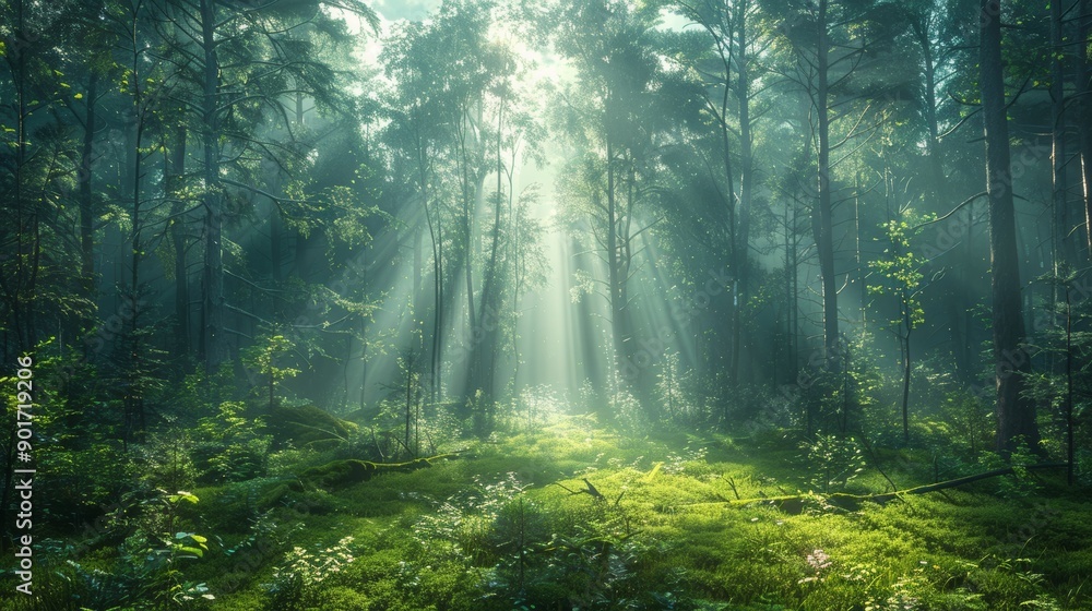 Poster sunlight filtering through tall trees in a lush green forest during morning hours. generative ai