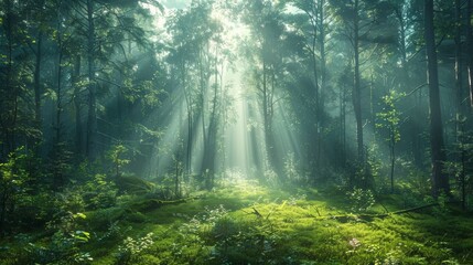 Naklejka premium Sunlight Filtering Through Tall Trees in a Lush Green Forest During Morning Hours. Generative AI