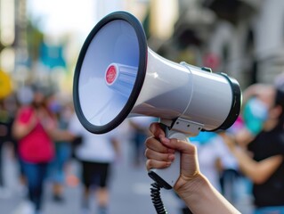 A close-up of a hand holding a megaphone, symbolizing communication and activism in a vibrant, bustling crowd setting.