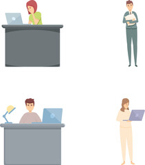 Overtime worker icons set cartoon vector. Office employee working overtime. Time management