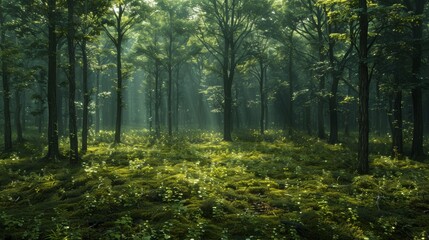 Obraz premium Serene Sunlight Filtering Through Lush Green Forest Canopy in Early Morning. Generative AI