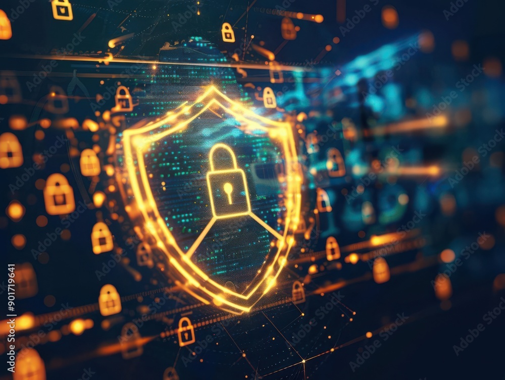 Poster a digital shield symbolizing cybersecurity, featuring glowing locks and abstract technology elements