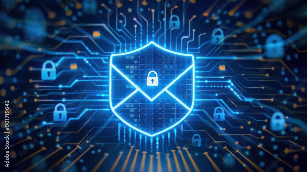 Poster a digital shield symbolizing email security and data protection, highlighted by glowing circuitry an