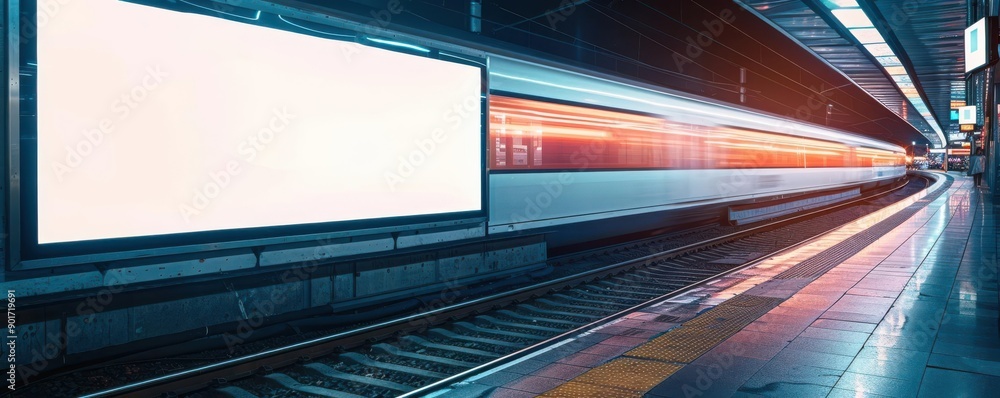 Poster a dynamic train station scene showcasing movement and speed with blurred lights and an empty billboa