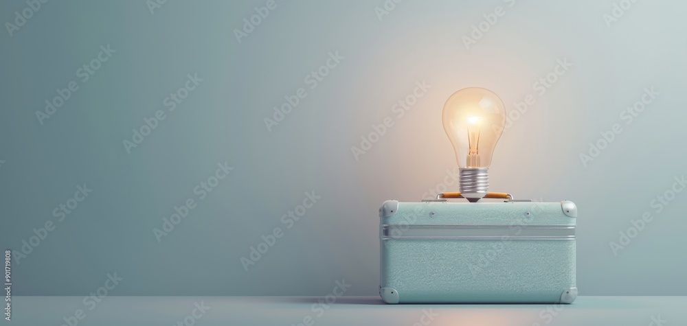 Poster a minimalistic 3d rendering of a briefcase with a lightbulb glowing inside, set against a plain back