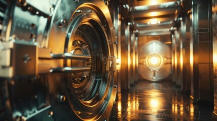 A futuristic vault interior showcasing metallic doors and bright lights, symbolizing security and wealth.