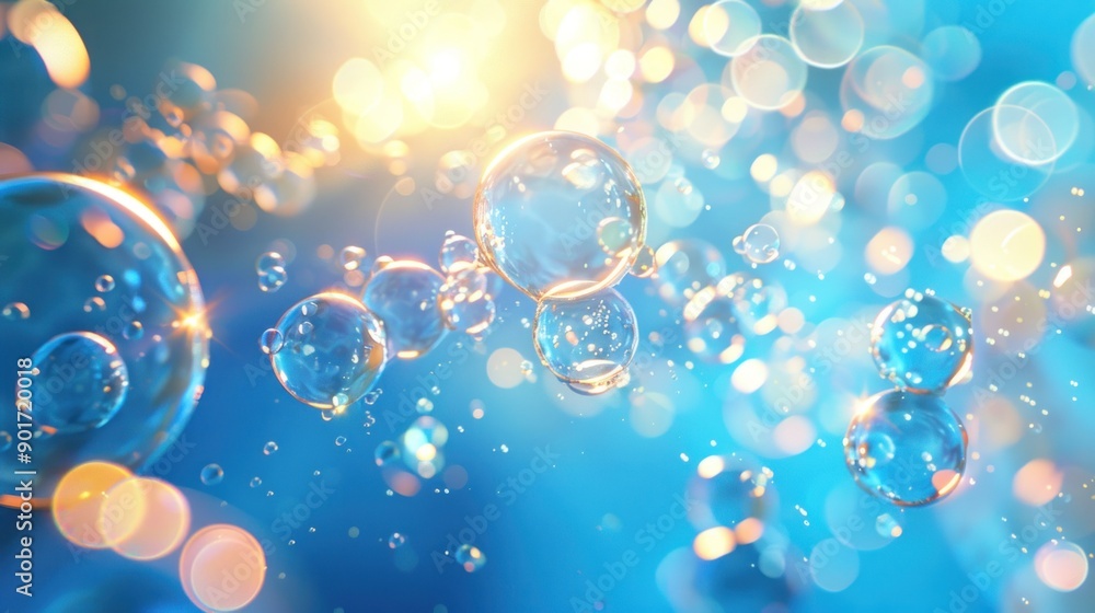 Poster abstract blue background with shimmering bubbles and bokeh lights