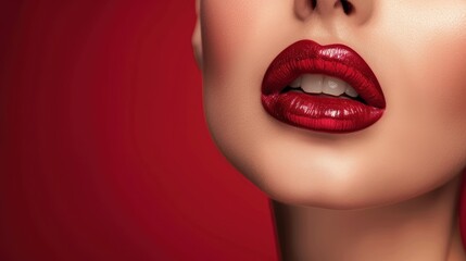 Obraz premium Close-up of Red Lips with Glossy Finish Against Red Background