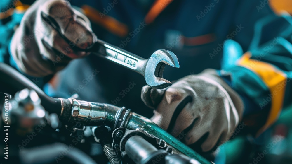 Poster close-up of a mechanic's hand using a wrench to work on an engine