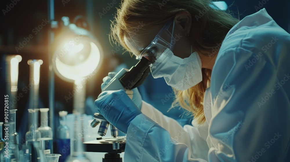 Poster female scientist using a microscope in a laboratory