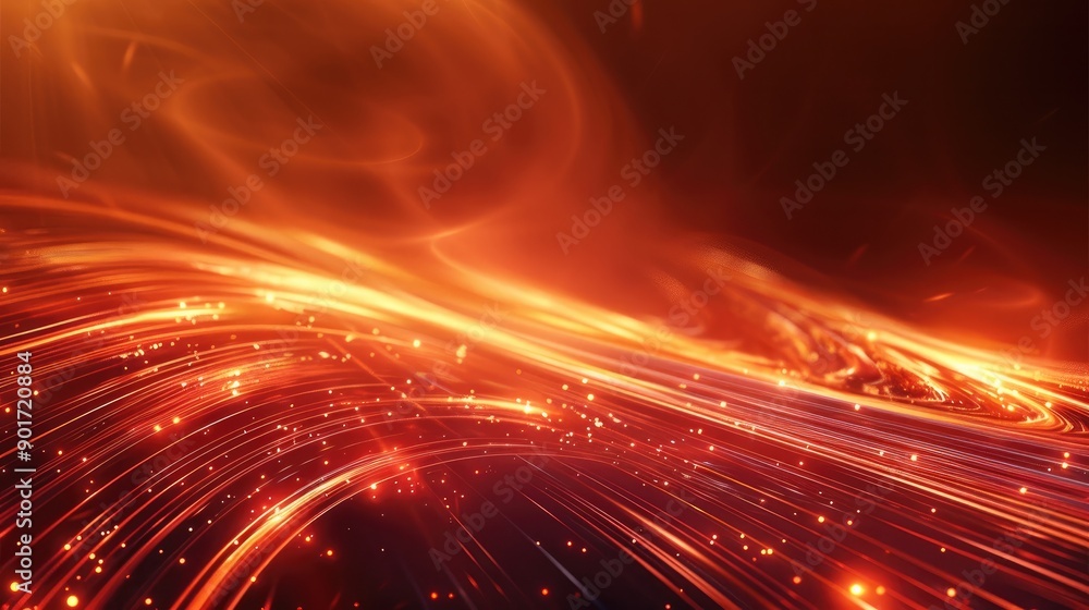 Poster bright red background, golden lines, abstract lines at the speed of light, light effect background. 