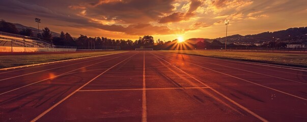 Fototapeta premium A scenic sunset view over a running track, showcasing vibrant colors and a tranquil atmosphere, perfect for sports and fitness themes.