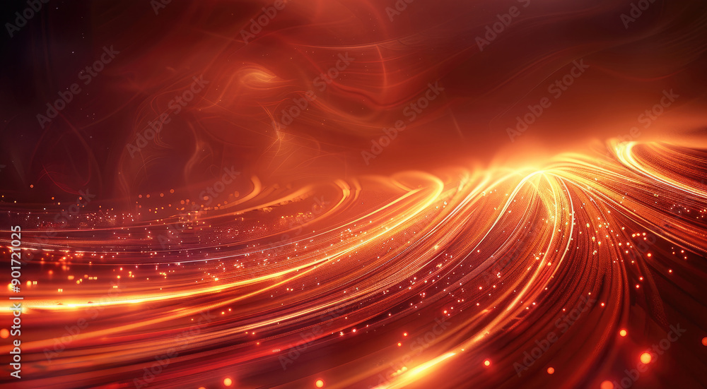 Poster bright red background, golden lines, abstract lines at the speed of light, light effect background. 