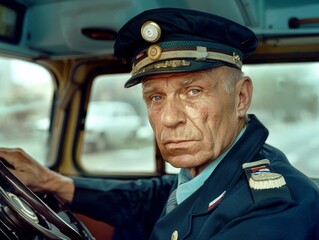 Medium shot of Bus driver man, themed background, bright tonality, in the style of fashion photography.