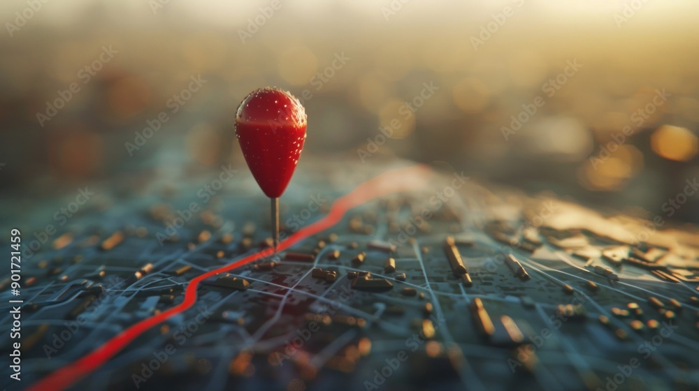 Poster red pin on a map with a red line showing a route