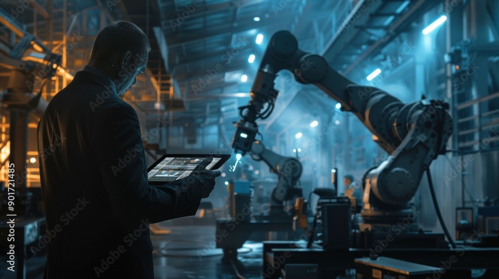Aufkleber man in suit inspecting a robotic arm in a factory setting