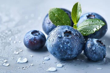 Fresh blueberries with leaves on a white background.