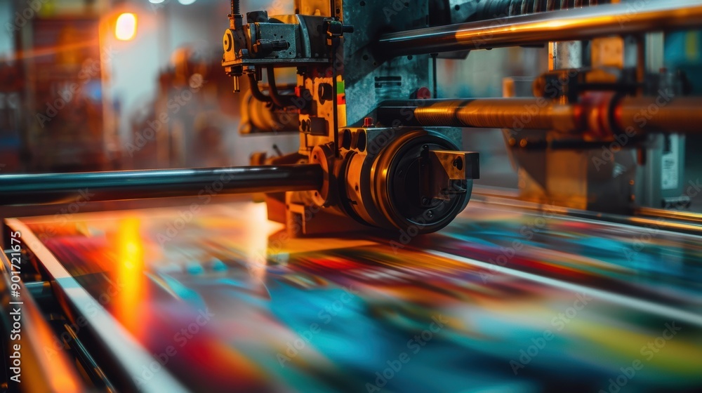 Poster close-up of a printing press with paper moving through