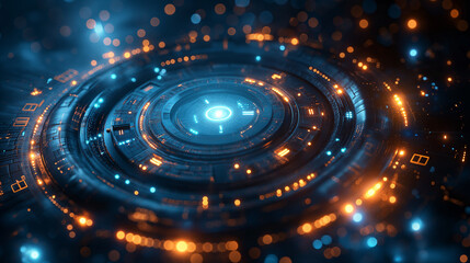 A glowing blue circle with orange and yellow lights surrounding it