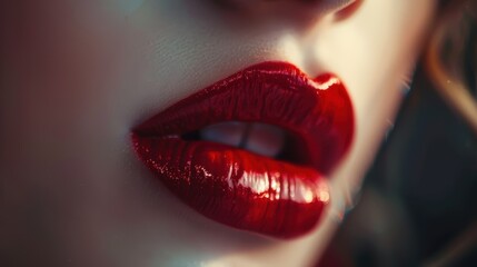 Fototapeta premium Close-up of Red Lips with Glossy Finish