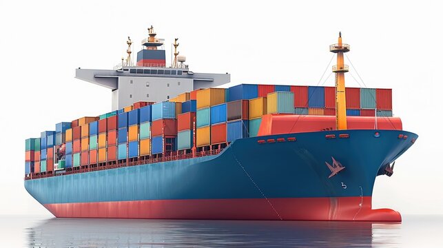 On the white background, there is an illustration of a cargo ship with containers in a front view. The cargo boat has blue and red colors on its sides. Generative AI.