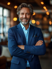 A man in a blue suit is smiling and posing for a photo