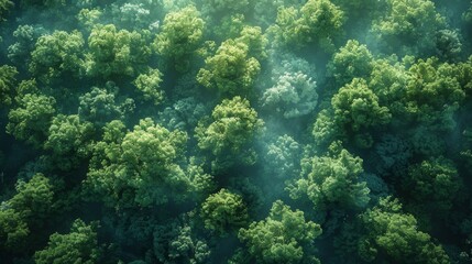 Lush Green Forest Canopy With Dense Foliage Captured Aerially at Dawn. Generative AI