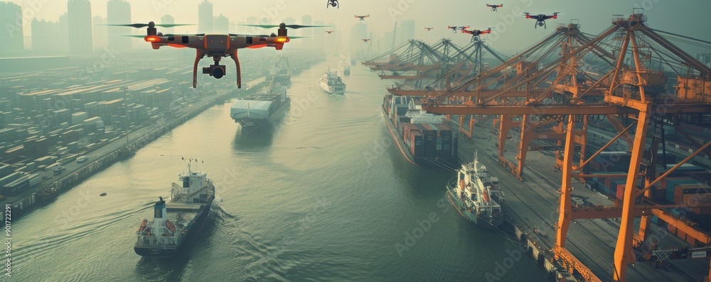 Poster high-resolution image of drones capturing shipping port with cargo ships and cranes
