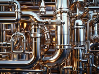 Close-up view of metallic pipes showcasing intricate designs and shiny surfaces, perfect for industrial or plumbing themes.
