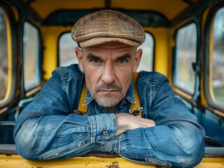 Medium shot of Bus driver man, themed background, bright tonality, in the style of fashion photography.