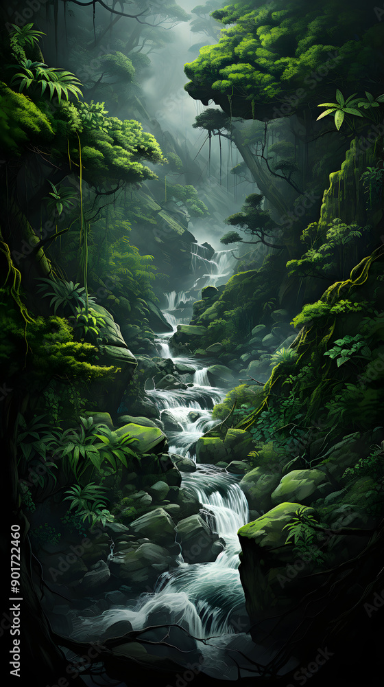 Poster a misty jungle path with a cascading waterfall flowing through the rocks, surrounded by lush greener