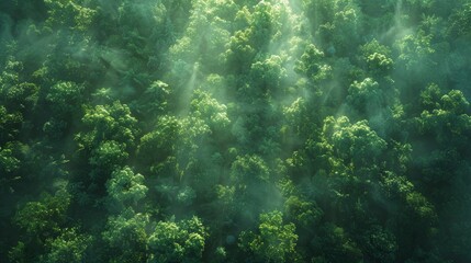 Obraz premium Lush Green Forest Canopy Under Soft Sunlight At Dawn With Mist Surrounding Trees. Generative AI