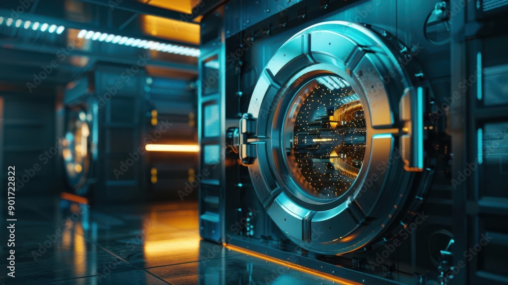 Poster futuristic vault with advanced technology, featuring a luminous design and intricate details in a hi