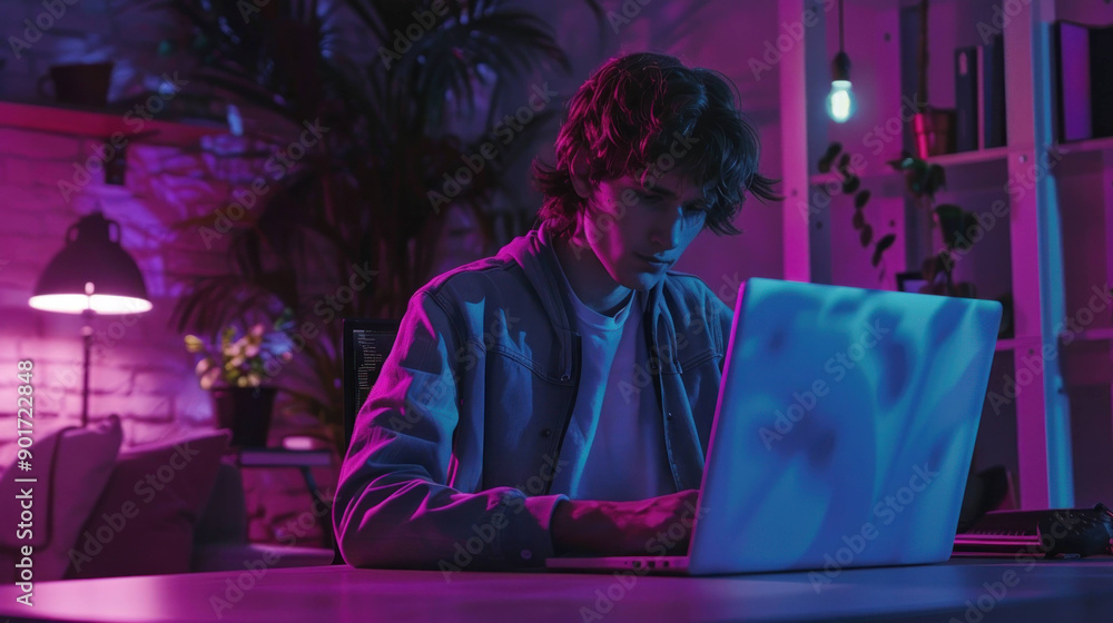 Poster Late Night Coding: Developer Writing Code on Laptop with Neon Lights Illuminating Dark Room