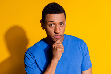 Photo portrait of pretty young male look skeptical camera thoughtful wear trendy blue outfit...