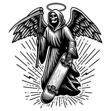 recommend clip art: Grim Reaper angel holding a skateboard, blending gothic and modern elements sketch engraving generative ai fictional character PNG illustration. Scratch board imitation. Black and white image.
