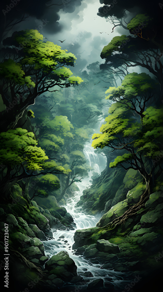 Poster a cascading waterfall flows through a lush forest, sunlight filtering through the dense canopy to il