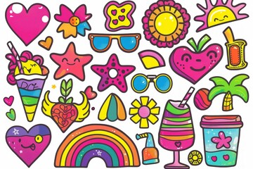 Fototapeta premium Cute neon doodle stickers, hearts, rainbows, flowers, sunglasses, beach and sun, smoothies, ice cream, vivid colors