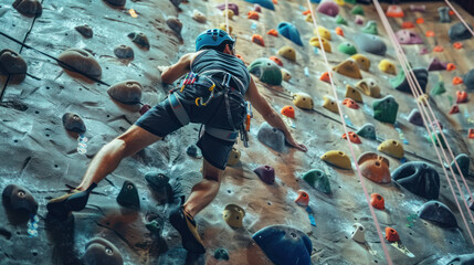 Conquering Heights: Determined Man Showcasing Strength and Endurance while Rock Climbing at Indoor Gym