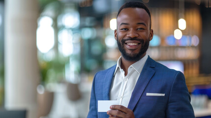 Fototapeta premium Smiling African businessman in a blue suit holding a business card, looking confident and friendly.