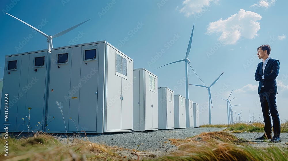 Poster a man in suit standing next to energy storage system with office building. wind turbines visible in 