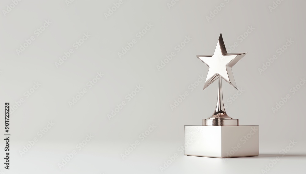 Poster a minimalistic 3d rendering of a trophy with a sleek, modern design and a star emblem, set against a