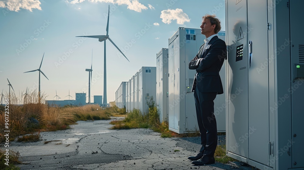Poster a man in suit standing next to energy storage system with office building. wind turbines visible in 