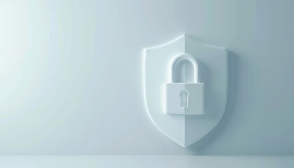 A minimalistic 3D rendering of a sleek shield with a padlock symbol in the center, representing protection and security, set against a plain white background