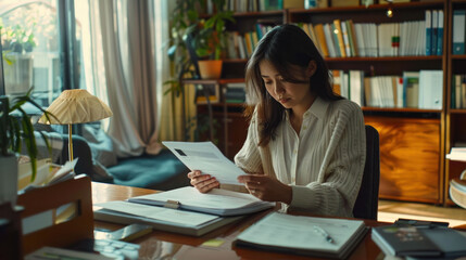 Young businesswoman analyzing reports at her desk in a modern home office